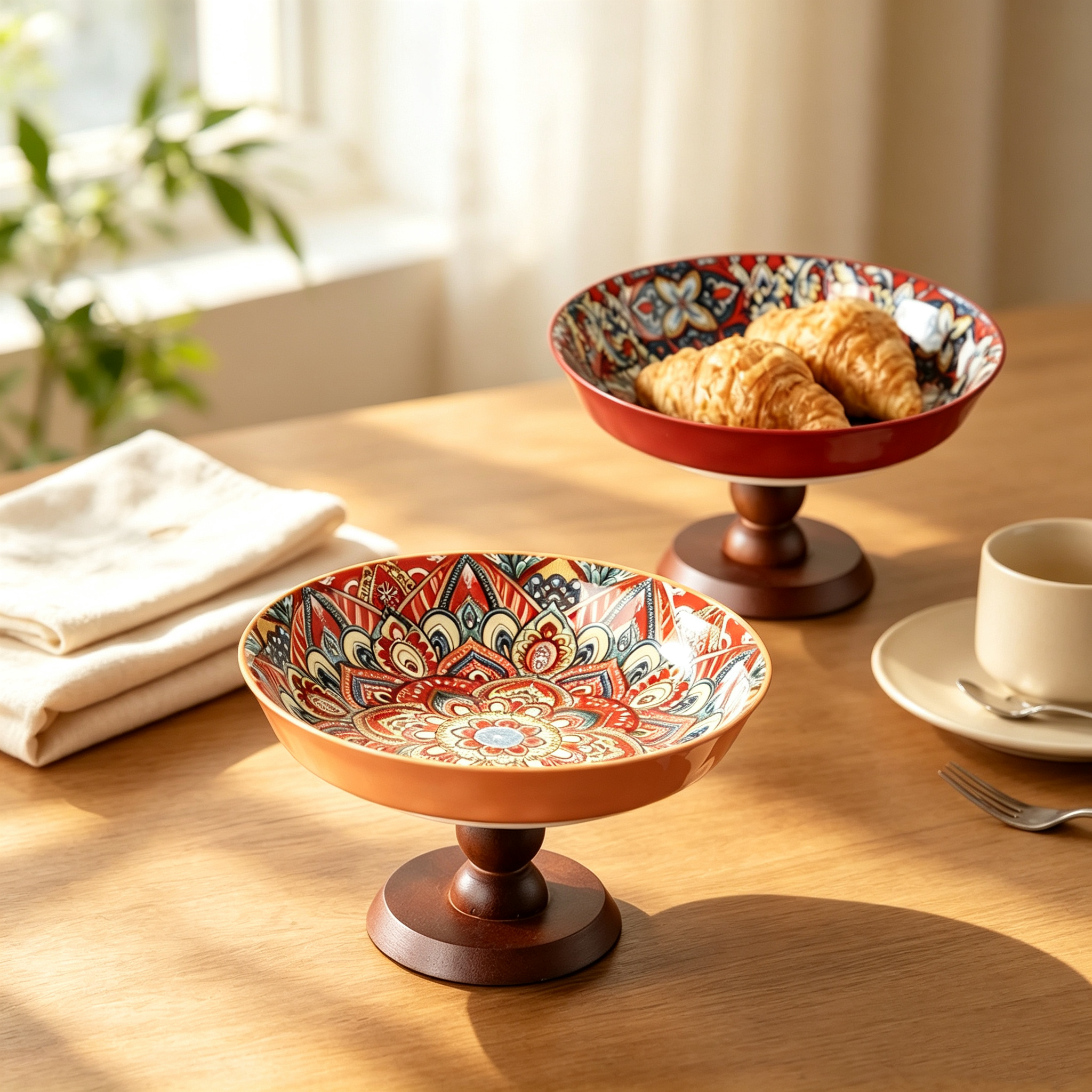 Bohemian Ceramic Pedestal Fruit Tray with Wood Stand