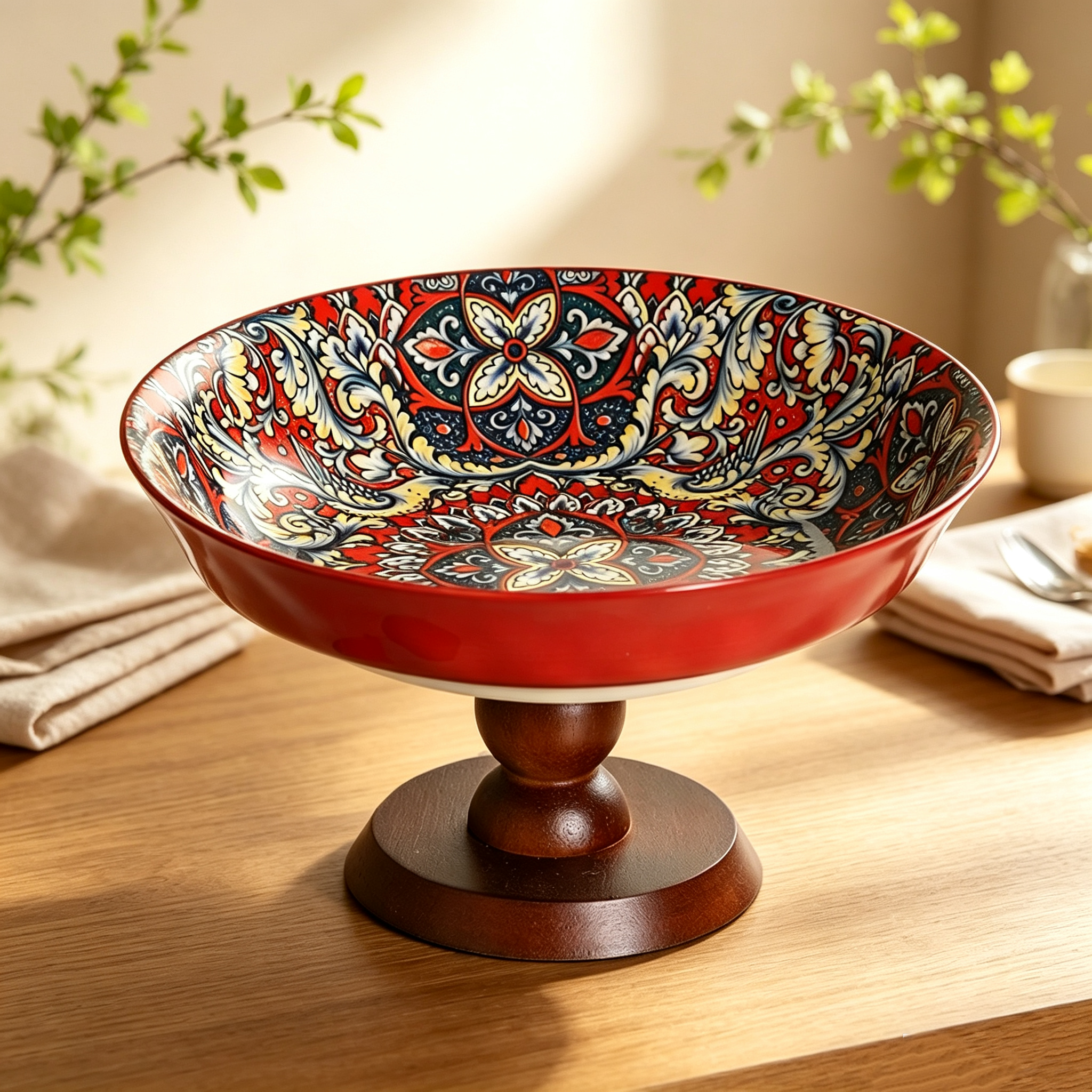 Bohemian Ceramic Pedestal Fruit Tray with Wood Stand