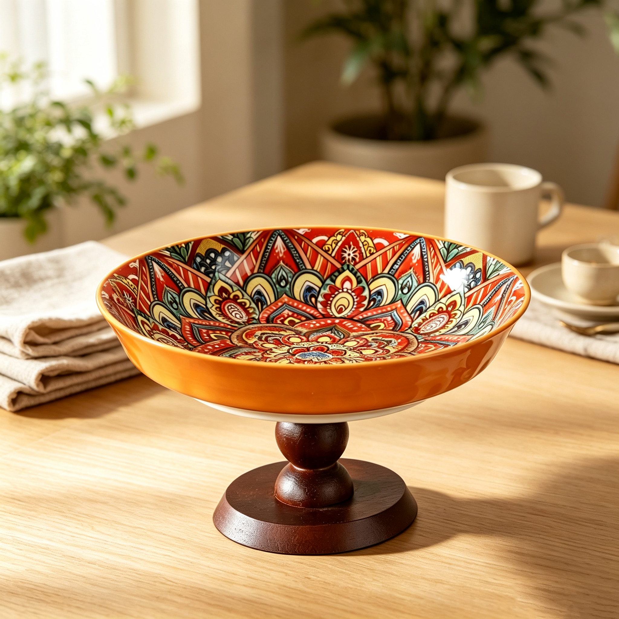 Bohemian Ceramic Pedestal Fruit Tray with Wood Stand