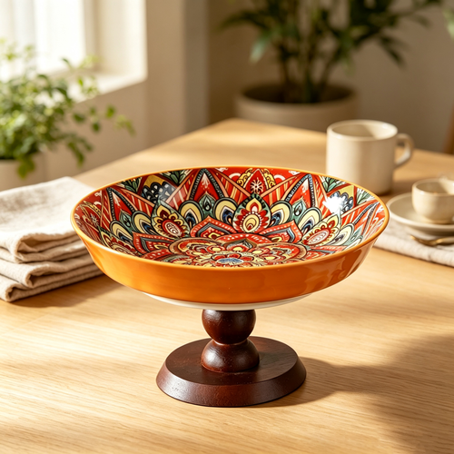 Bohemian Ceramic Pedestal Fruit Tray with Wood Stand